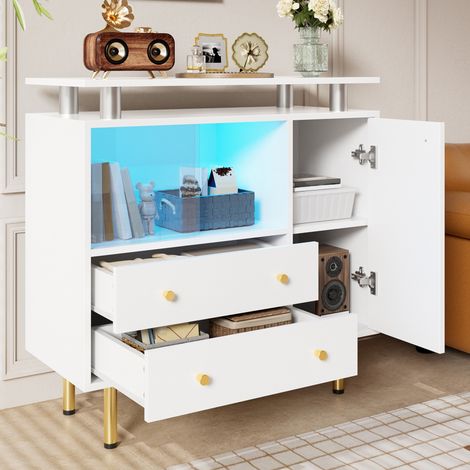 Aparador LED blanco con 2 puertas correderas de vidrio, 2 cajones y 1 puerta, 80 x 35 x 80 cm (1/5)