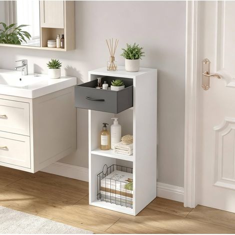 Étagère sur pied avec tiroir et 2 niches ouvertes 32,4 x 30 x 80 cm gris et blanc OKWISH (1/5)