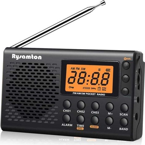 (Black) Portable AM/FM/Shortwave Radio, Battery Operated Pocket Radios, Large Digital Display, Clock Radio with Alarm and Sleep Function, Headphones Included MUMU (1/4)