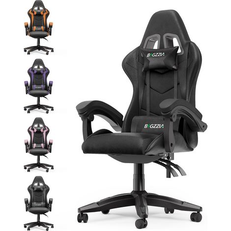 Bigzzia – Fauteuil gamer ergonomique inclinable 90°-155° – Cuir PU haute qualité – Appui-tête et coussin lombaire amovibles – Roulettes silencieuses