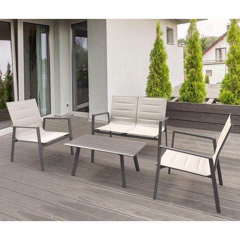Salotto da esterno giardino 4 posti con struttura in acciaio e textilene con tavolino effetto doghe Kentucky - DarkGrey (1/5)