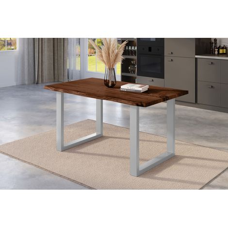 Esstisch Baumkante massiv Akazie nussbaum 140 x 80 U-Gestell silber NICK (1/5)