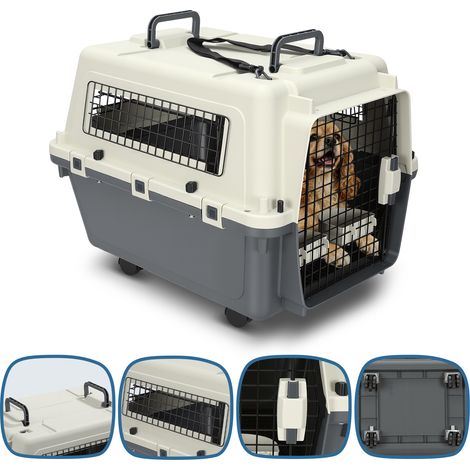 Jiubiaz Caisse de transport pour animaux avec bac de propreté, 67.3 x 54.9 x 51.5 cm, 4 roulettes, 2 gamelles et 1 laisse fournies (1/5)