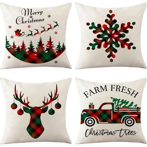 Lot de 4 housses de coussin, 45 x 45 cm, motif carreaux Buffalo, lin rustique, décoration Noël salon (1/5)