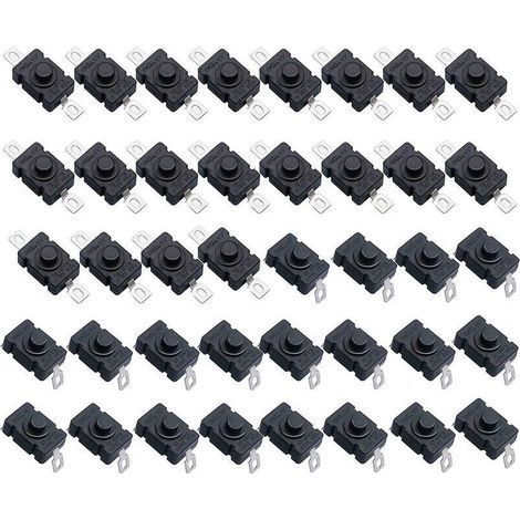 Lot de 40 Interrupteur à Bouton Poussoir Autobloquant, KAN-28 Mini Interrupteur Lampe de Poche (20 Pièces Broche Plate avec Trou + 20 Pièces Broche Pliée avec Trou)