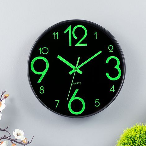 Leuchtende Uhr, geräuschlose, batteriebetriebene Uhr ohne Ticken, energieabsorbierende Leuchtziffern und -zeiger, leuchtende Wanduhrdekoration (schwarz, Batterien nicht enthalten).