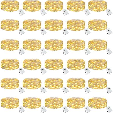 Lot de 30 mini guirlandes LED à pile, 2 m, 20 LED, 3 modes, IP65 étanche, blanc chaud. (1/5)