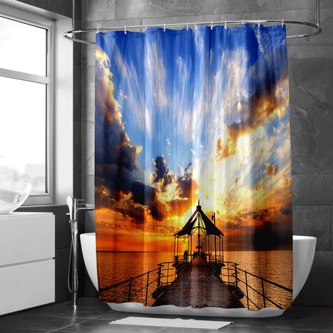 Rideau de douche motif lac et pins, polyester imperméable, 90x180 cm (1/5)