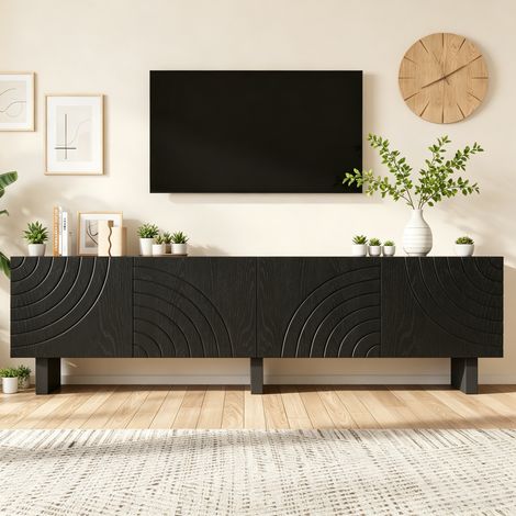 Mueble TV negro 180 cm con 4 puertas, almacenaje espacioso, estilo moderno, para TV hasta 75 pulgadas (1/5)