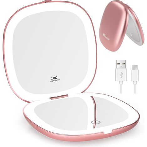 Miroir de Poche Rechargeable, Miroir de Voyage Grossissant 1x/10x avec Lumière LED, Miroir de Maquillage Double Face pour Sac à Main, 10cm, Or Rose (1/5)