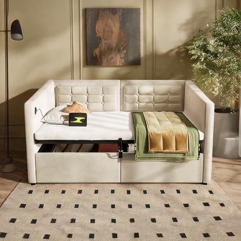 Cadre de lit beige en velours 215 x 106 x 75 cm (1/5)