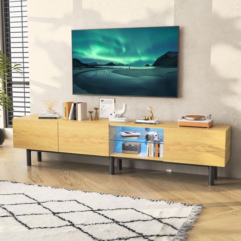 Meuble TV 175 cm Bois Chêne et Métal Noir avec Éclairage LED App, Étagère en Verre, Ouverture Push-to-Open, 3 Portes, Console TV pour Salon Style Industriel (1/5)