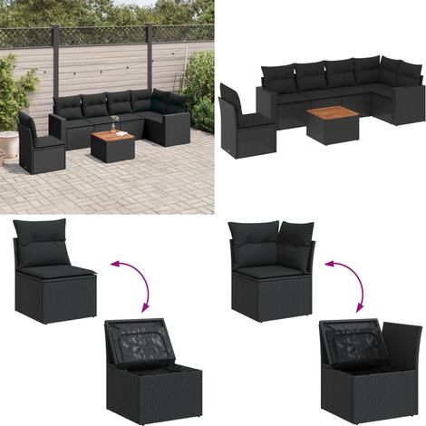 7-tlg. Garten-Sofagarnitur mit Kissen Schwarz Poly Rattan - Gartenmöbel Set - Esszimmergarnitur - Outdoor Möbel - Lounge Garnitur - Rattan Gartenmöbel - Home & Living (1/5)