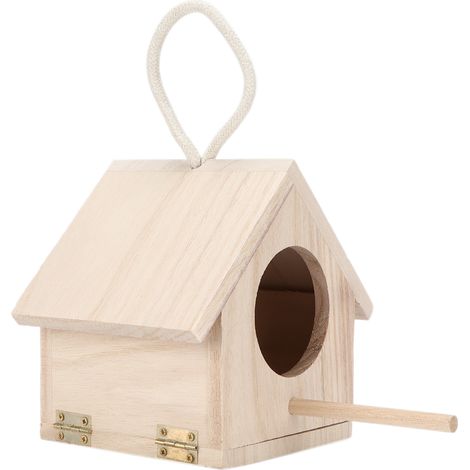 1 Cabane à oiseaux en bois naturel avec perchoir, corde de chanvre, toit suspendu pour jardin, balcon (1/5)