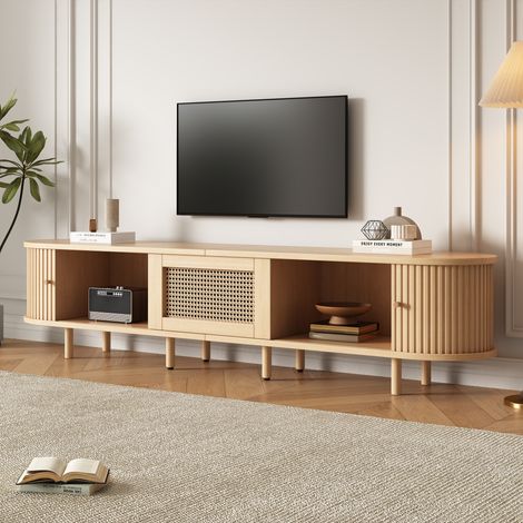 Modernluxe - Meuble TV moderne 180x40x40 cm - Angles arrondis - 2 portes coulissantes et 1 tiroir - MDF - naturel (1/5)