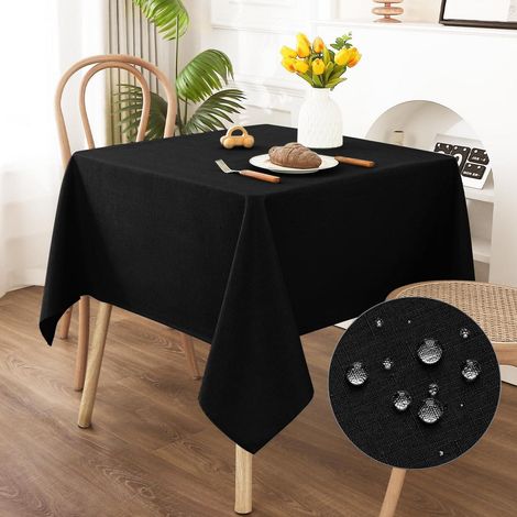 Nappe lavable aspect lin 120x120cm Noir, hydrofuge, résistant aux rayures