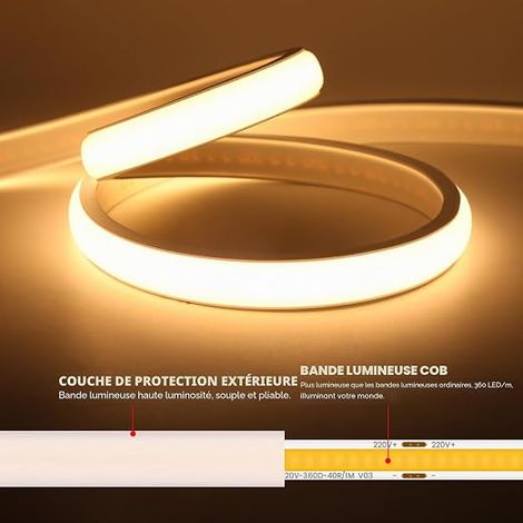 220V COB LED Strip, Flexible Led Strip Neon Strip with Dimmer, Waterproof IP65 LED Strip Light for Bedroom, Garden, Ceiling Decoration, 1 m, Warm White (1/5)