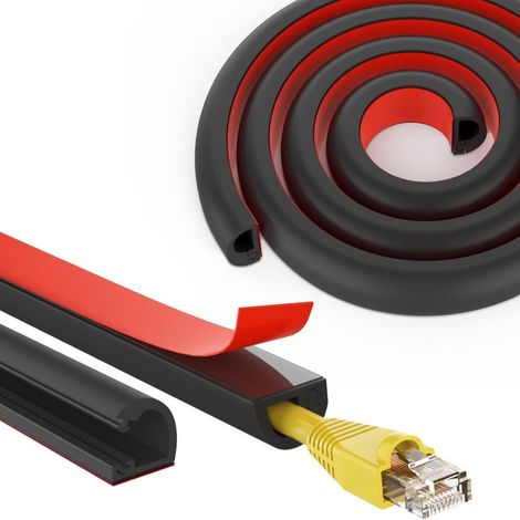 Goulotte PVC adhésive en surface, antidérapante et décorative pour câbles domestiques et réseaux, dissimulée sous un câble souple, longueur 2 mètres, noire. (1/5)