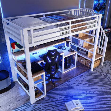 Cama alta con escritorio y almacenaje LED blanca OKMYHOME (1/5)