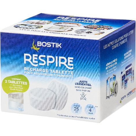 Bostik RESPIRE 2 Recharges Tablettes pour Déshumidificateur, Sans Colorant ni Parfum Maison, Appartement et Caravane, des Pièces Jusqu’à 25m², tabs 2x250g Absorbeur d’Humidité, 30623572, Blanc (1/3)