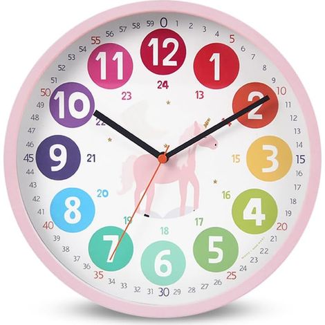 Horloge pour enfants, horloge d'apprentissage sans tic-tac, horloge murale colorée, 25 cm, pour chambre d'enfant et salle de classe (licorne) (1/5)