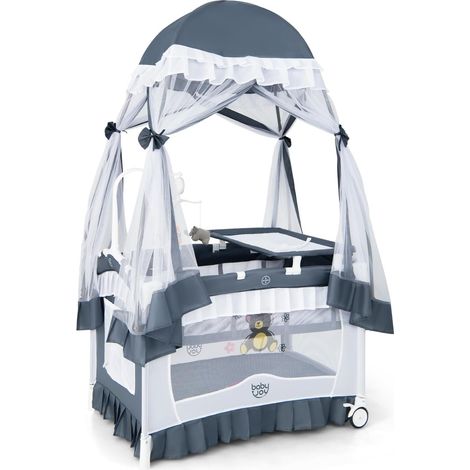 COSTWAY Cuna Bebe Portátil 4 en 1, Cuna de Viaje Moisés Convertible con Cambiador Desmontable, Red Desmontable y Ruedas Bloqueables, Caja de Música y Juguetes Giratorios, Bolsa de Transporte (1/5)