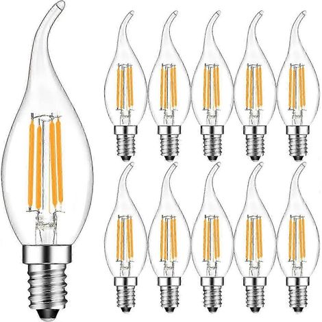 Lot de 10 ampoules LED à filament E14 4W, effet flamme bougie, blanc chaud 2700K, angle de diffusion 360°, non dimmables, classe énergétique F (1/4)
