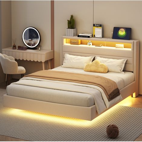 Bett 140x200 cm beige aus Leinen mit USB-Anschluss, LED-Beleuchtung, umklappbarem Kopfteil und versteckten Füßen (1/5)