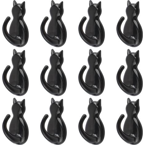 Sollbry Lot de 12 crochets adhésifs en plastique pour peignoirs de bain, porte-serviettes en forme de chat, cintres muraux pour cuisine, chambre, salle de bain (1/5)