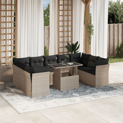 Set sofás jardín 10 pzas con cojines ratán sintético gris claro vidaXL (1/5)