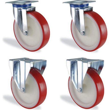 Lot roulettes pivotantes et fixe polyuréthane rouge diamètre 150mm charge 1200kg