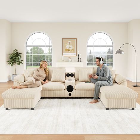 Canapé d'angle,canapé 4-6 places,modulable en velours côtelé beige, en forme de U ou de L, avec enceinte Bluetooth, console, rangement, chargeur sans fil, ports USB, porte-gobelets et coussins. (1/5)