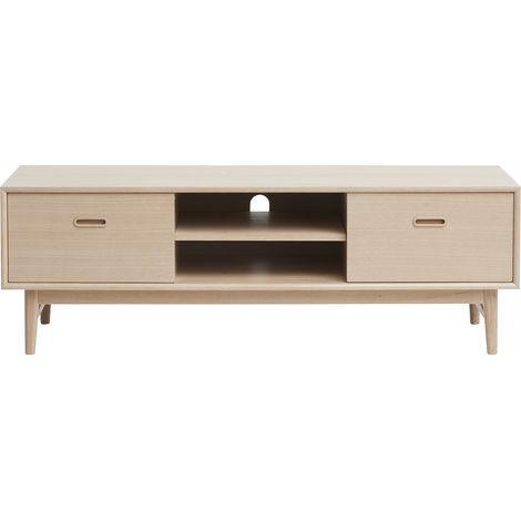 Rosie Table TV avec 2 portes en bois massif américain plaqué. Chêne blanc délavé.