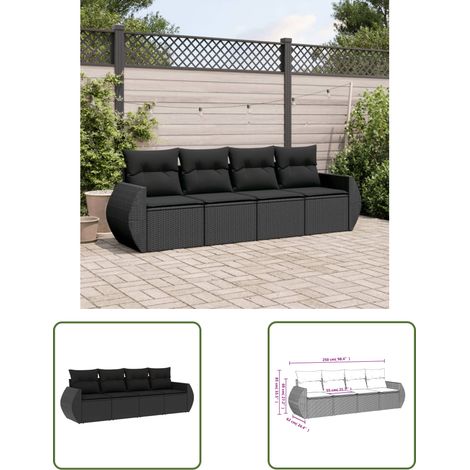 The Living Store Salon de jardin 4 pcs avec coussins noir résine tressée - Ensemble Salon De Jardin - Salon De Jardin Extérieur - Mobilier De Jardin - Canapé Jardin - Chaise Longue (1/3)