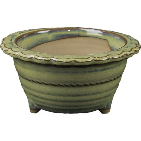 Vaso per bonsai Giapponese Morrisan rotondo in gres smaltato verde 10,5x10,5x6 cm - B04-15b (1/4)