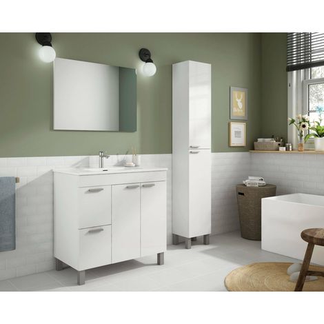 Meuble sous-vasque, Meuble de salle de bain, armoire 2 portes avec deux tiroirs avec miroir, lavabo non inclus, 80x45h80 cm, Blanc brillant (1/5)