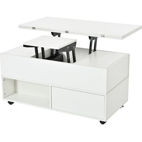 GagaTable basse relevable 100x50x52cm blanche 4 tiroirs à roulettes (1/5)