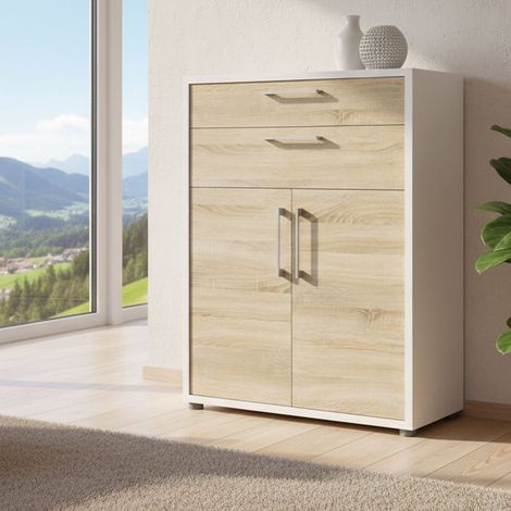 Dmora - Aparador Jemima, Bufé de salón, Aparador de salón, Despensa de cocina, 89x40 h113 cm, Blanco y Roble (1/4)