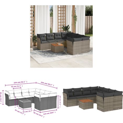 9-tlg. Garten-Sofagarnitur mit Kissen Grau Poly Rattan - Gartensortiment - Outdoor Möbel - Lounge Set - Gartenlounge - Rattan Gartenmöbel - Home & Living