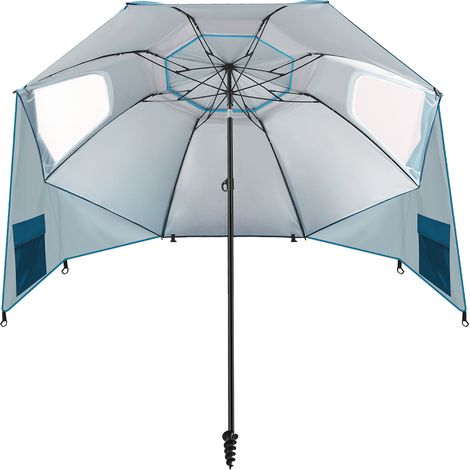 Jiubiaz Sonnenschirm 210 cm UV50+ mit Schraub-Erdspieß, windstabiler Strandschirm, neigbar & tragbar für Strand Balkon Garten Himmelblau