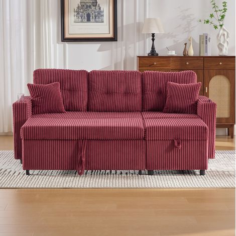 Sofá cama 196x82x85 cm rojo vino en pana con almacenamiento, USB-C, LED y portavasos (1/5)