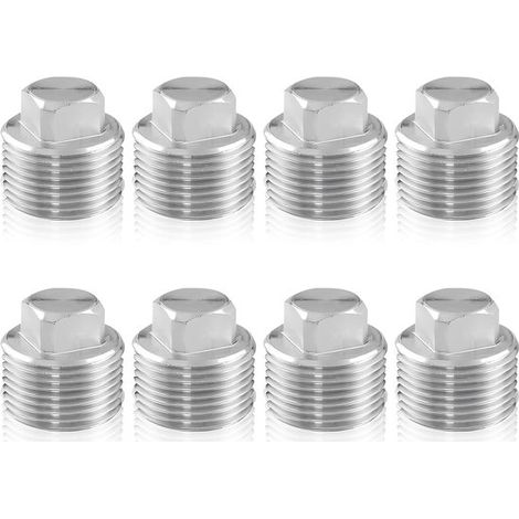 8 tapones acero inoxidable, 1/2 pulgada AG, Tapa roscada macho 1/2 pulgada, Tapa sellado tuberías agua, Tapas hexagonales mangueras calefacción (1/5)