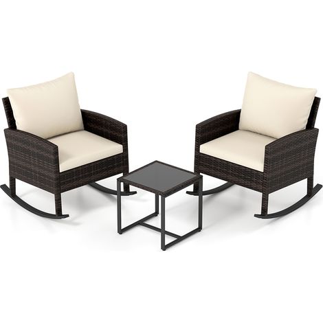 Ensemble mobilier de balcon 3 pièces en rotin PE beige, 2 fauteuils à bascule avec coussins et table d’appoint à plateau verre trempé, mobilier extérieur pour terrasse et jardin