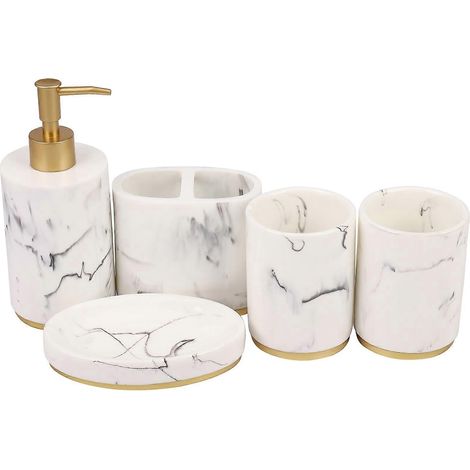 Ensemble d'accessoires de salle de bain 5 pièces, comprenant un distributeur de savon à motif marbre, un porte-brosse à dents et un porte-savon. (1/5)