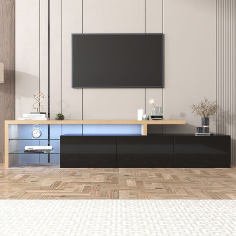 TV-Schrank 200 cm, mit dimmbarer LED-Beleuchtung, 3 Türen, 2 offene Glasböden, Holzoptik, moderner Stil, passend für 90-Zoll-Fernseher – 200 x 39 x 42 cm (Schwarz) (1/5)