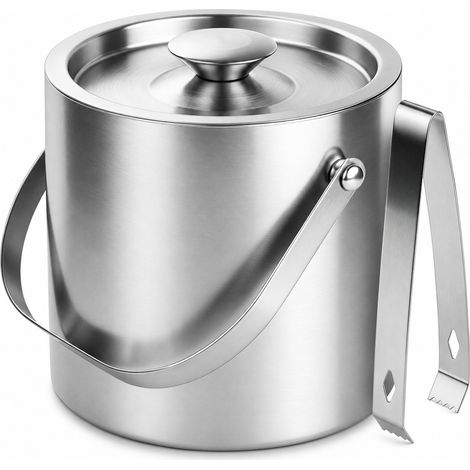 Round ice bucket with ice tongs, made of silver stainless steel, 1.6 liters, silver. (1/3)