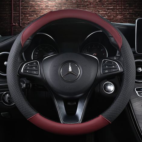 Coprivolante per auto, coprivolante in pelle 37-39 cm, antiscivolo, traspirante, in fibra di carbonio, elastico, professionale, universale - bordeaux e nero (1/5)