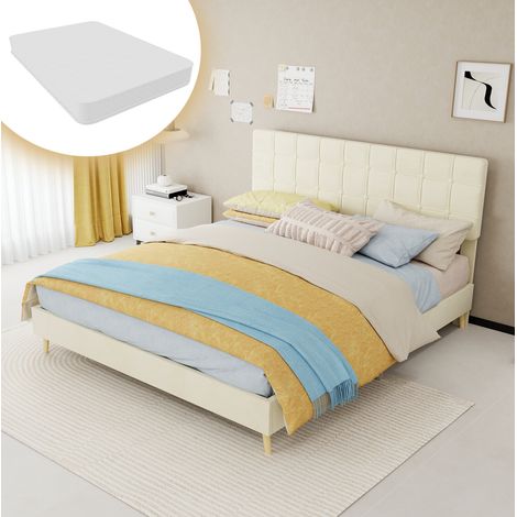 Lit 160x200 cm avec tête de lit capitonnée à carreaux, tissu beige, matelas inclus OKMYHOME (1/5)