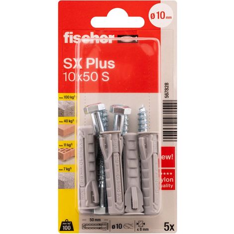 Cheville Nylon Sx Plus 10x50 Avec Vis Blister X5 - Fischer (1/3)