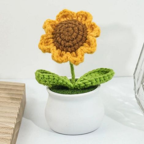 4 Pièces Mini Plantes en Pot de Tournesol au Crochet, Faux Tournesol Tricoté avec Pot de Fleurs Artificielles Faites à la Main (1/5)